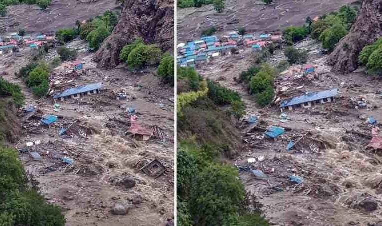 हुम्लामा एक्कासि आएको बाढीले बगायो विद्यालय भवन